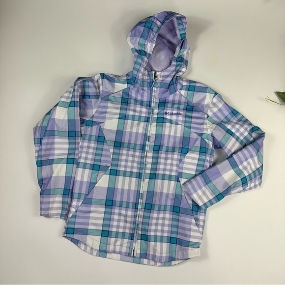 Columbia Girls Jacket Large Hooded  Plaid Windbreaker Raincoat Rain - Picture 1 of 13
